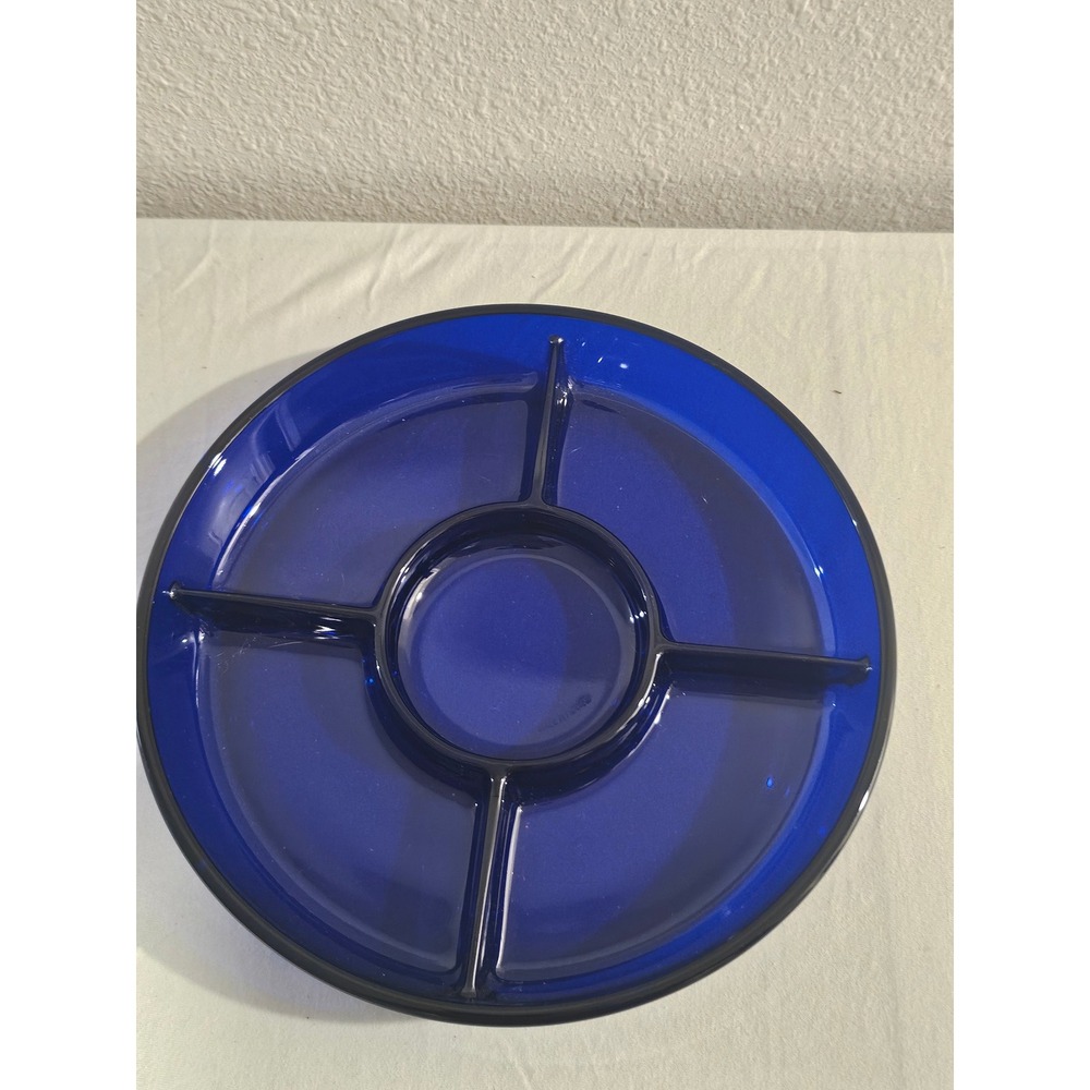Vintage Cobalt Blue Glass Divided Serving Platter Made in France 5 Section 10.5"